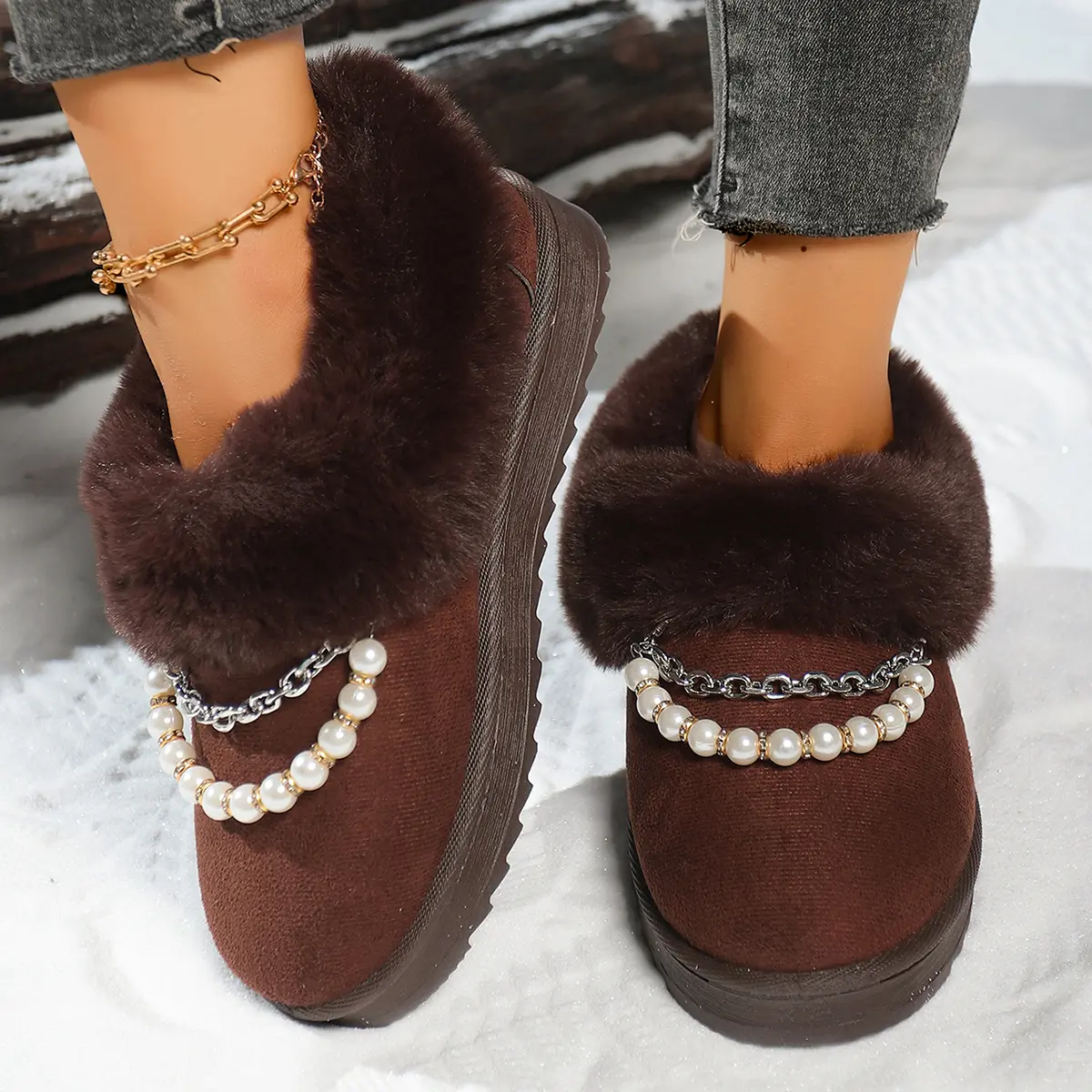 Pearl Chain Decor Thick Bottom Cotton Shoes Women 2025 Winter Warm Thicken Plush Snow Boots Woman Faux Fur Non Slip Ankle Boots