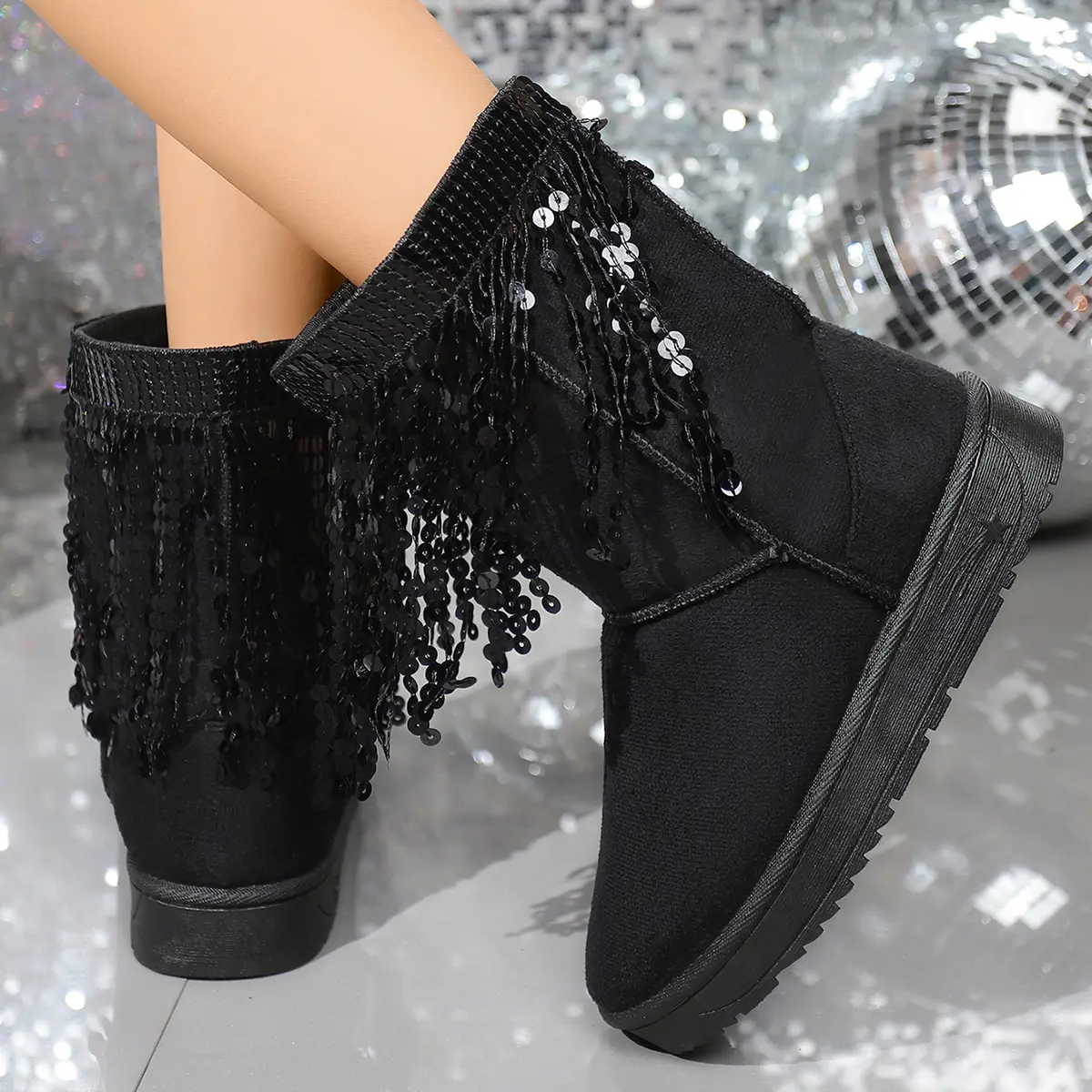 Fashion Sequins Tassels Snow Boots for Women 2025 Winter Slip On Mid Calf Boots Woman Warm Thick Plush Cotton Padded Shoes