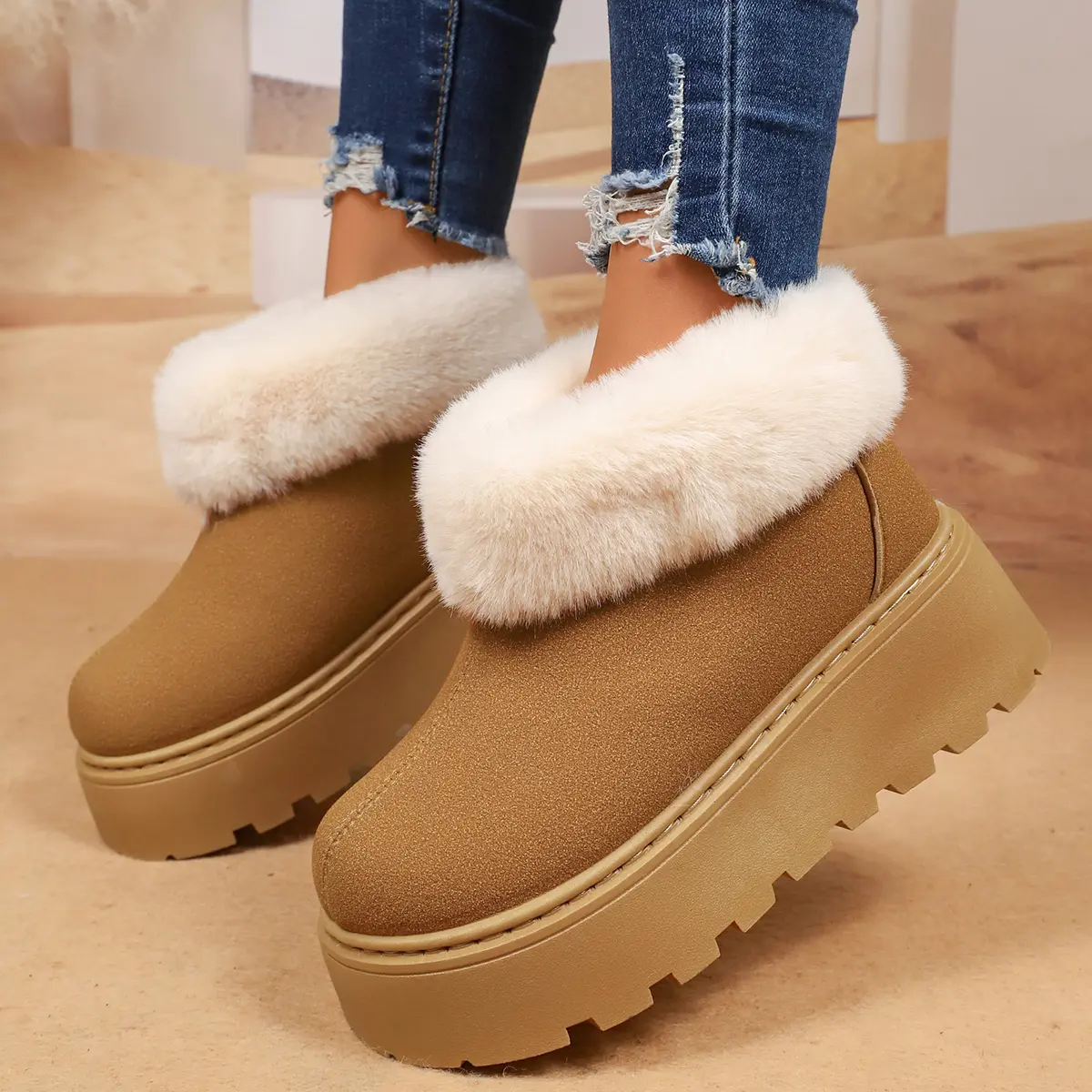 Faux Fur Chunky Platform Snow Boots for Women 2025 Winter Slip On Thick Bottom Ankle Boots Woman Non Slip Cotton Botas Mujer