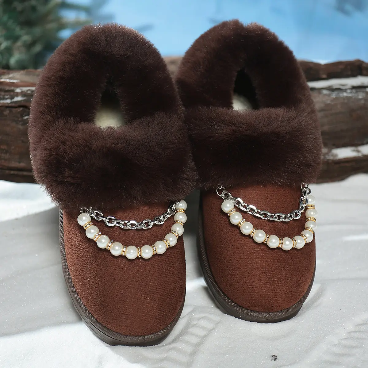 Pearl Chain Decor Thick Bottom Cotton Shoes Women 2025 Winter Warm Thicken Plush Snow Boots Woman Faux Fur Non Slip Ankle Boots