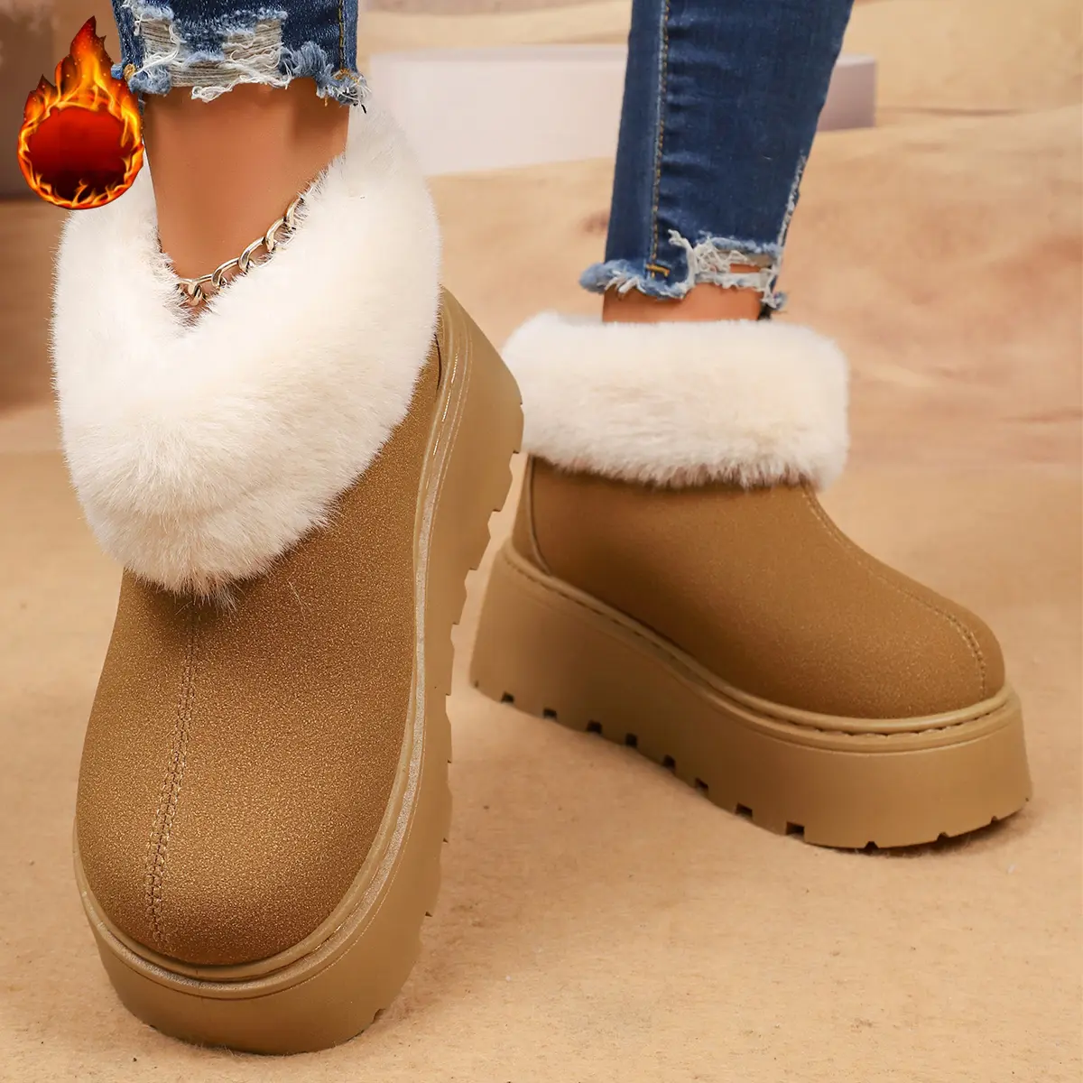 Faux Fur Chunky Platform Snow Boots for Women 2025 Winter Slip On Thick Bottom Ankle Boots Woman Non Slip Cotton Botas Mujer