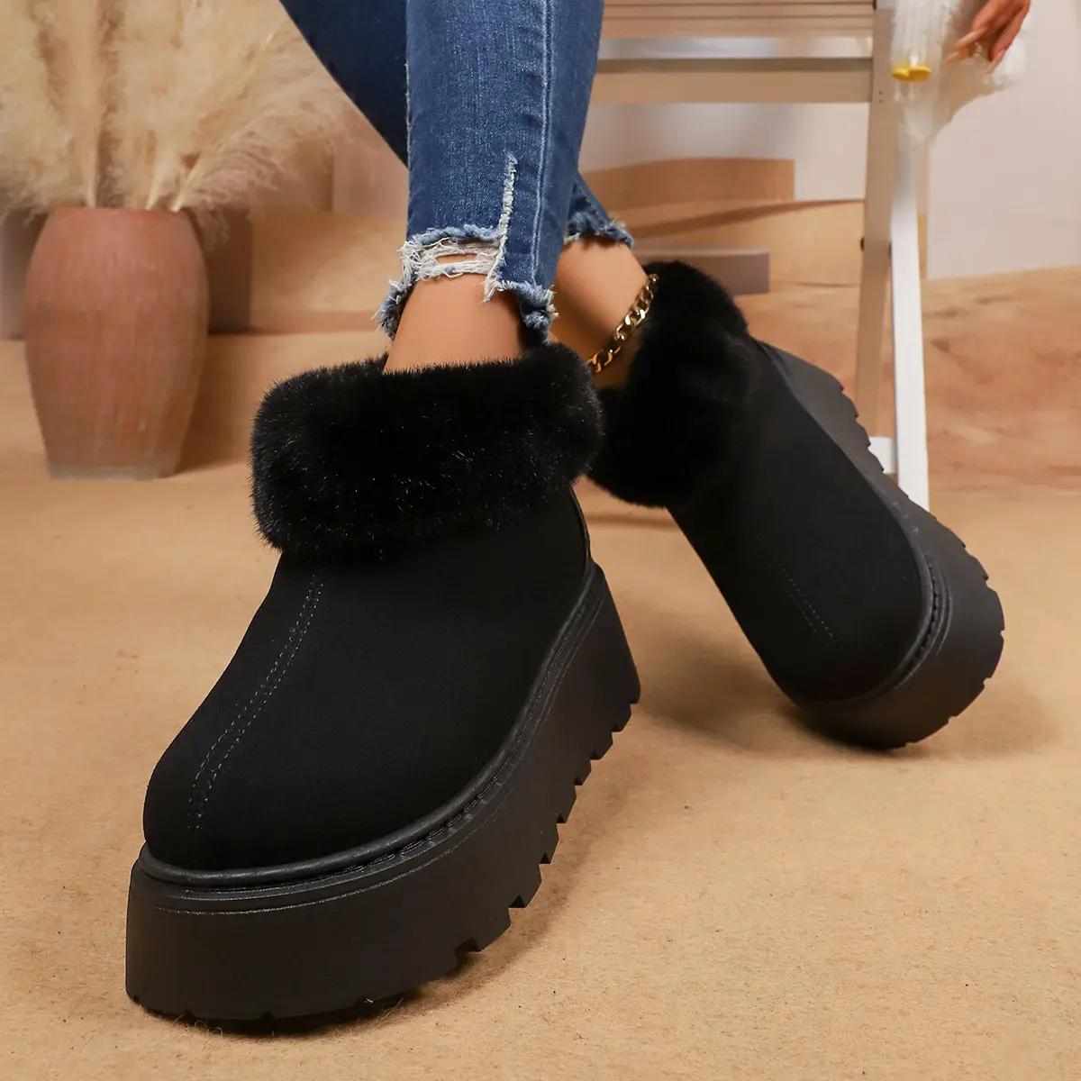 Faux Fur Chunky Platform Snow Boots for Women 2025 Winter Slip On Thick Bottom Ankle Boots Woman Non Slip Cotton Botas Mujer