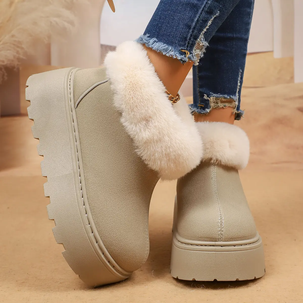 Faux Fur Chunky Platform Snow Boots for Women 2025 Winter Slip On Thick Bottom Ankle Boots Woman Non Slip Cotton Botas Mujer