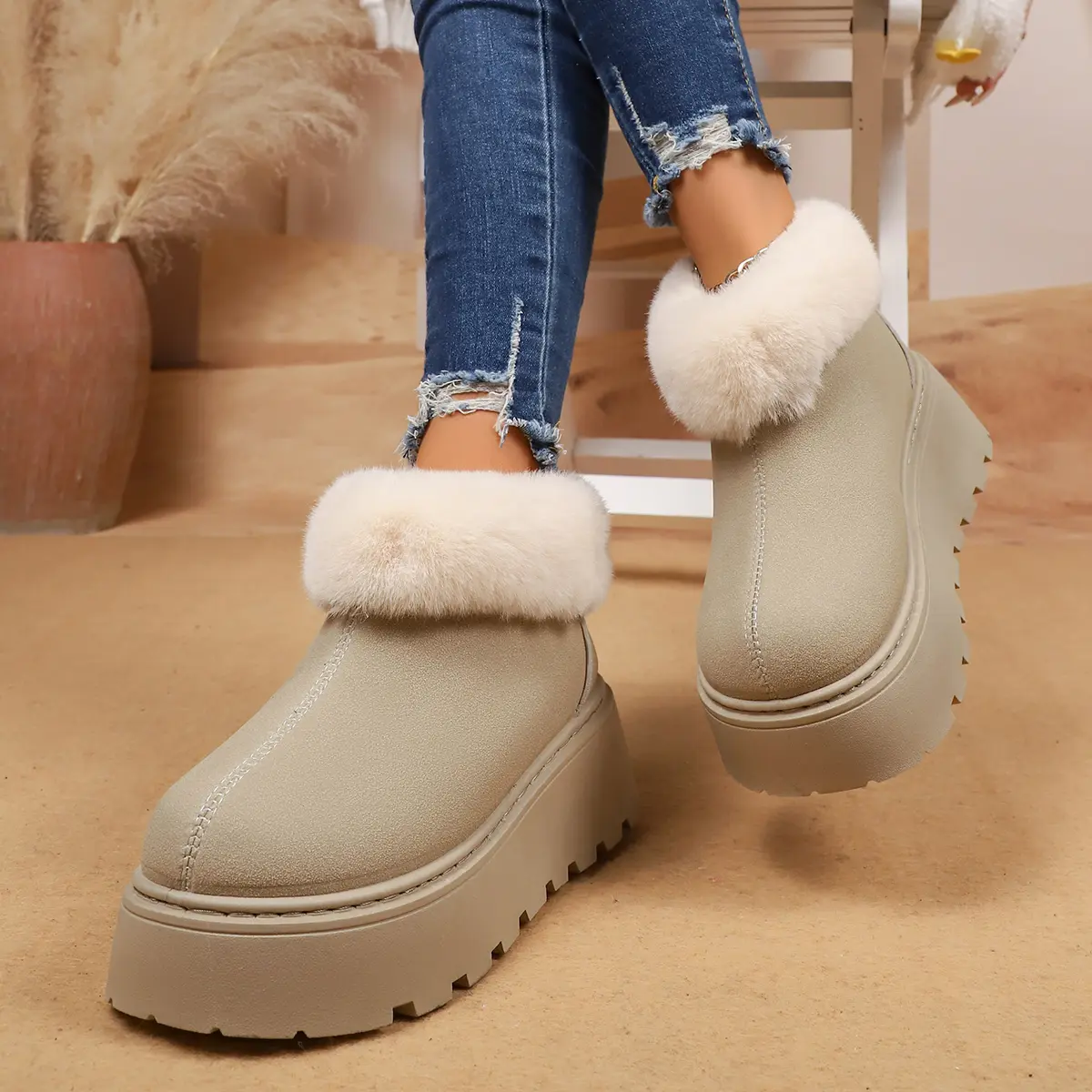 Faux Fur Chunky Platform Snow Boots for Women 2025 Winter Slip On Thick Bottom Ankle Boots Woman Non Slip Cotton Botas Mujer