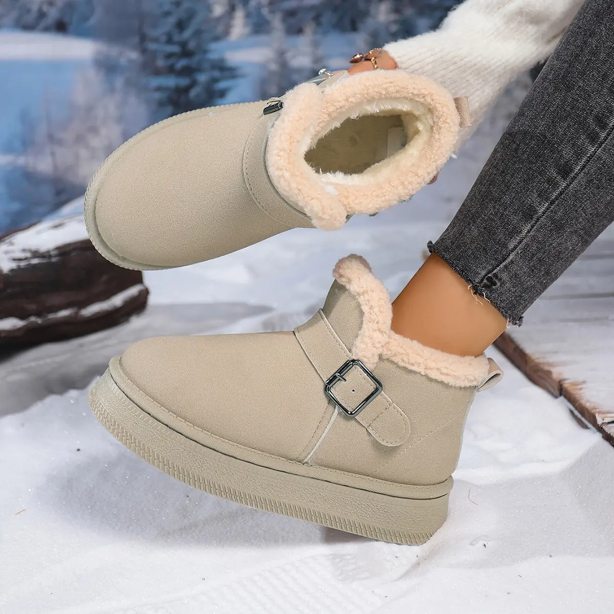 Buckle Decor Chunky Platform Snow Boots for Women 2025 Winter Non Slip Thick Sole Ankle Boots Thicken Plush Cotton Botas Mujer