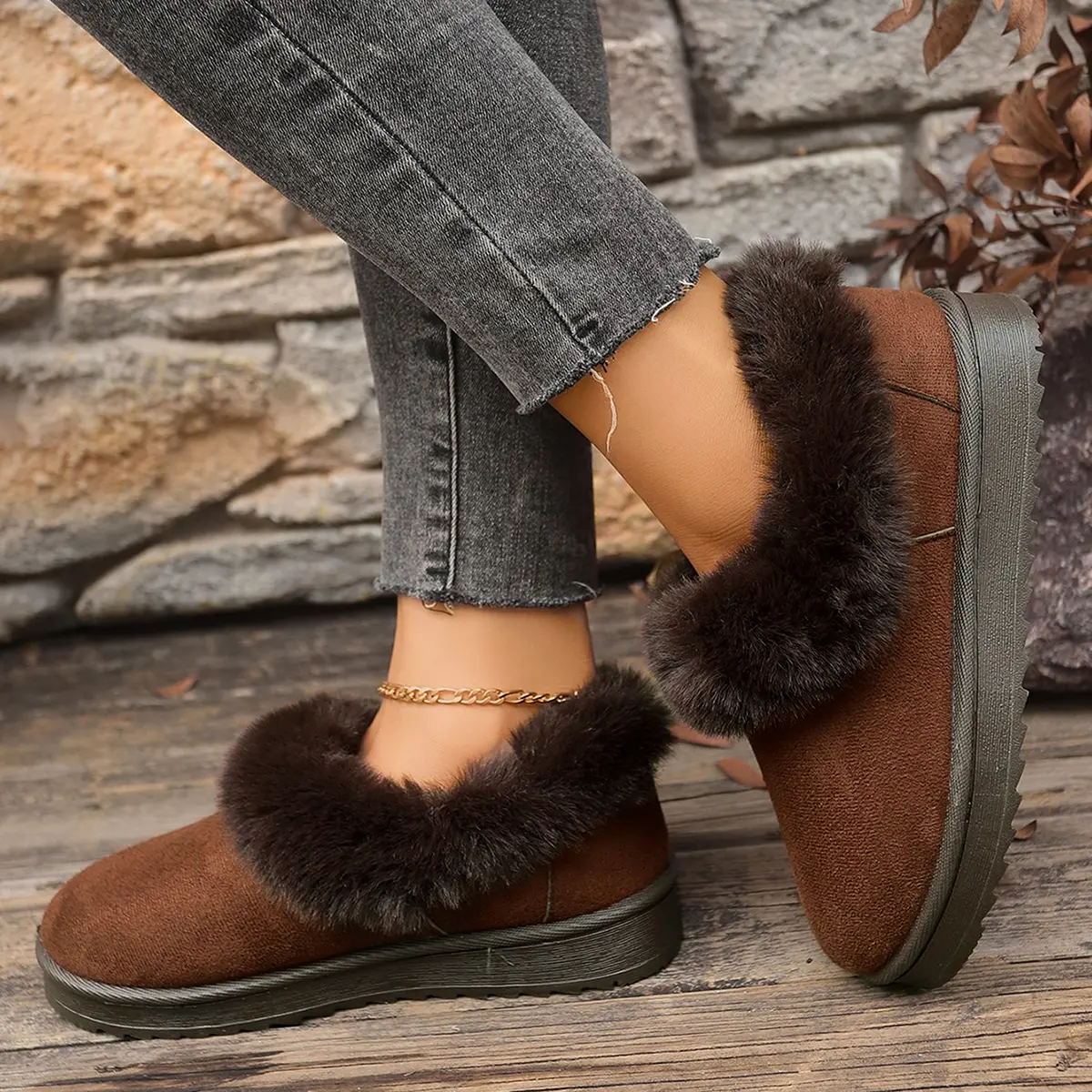 Faux Fur Flat Heels Snow Boots for Women 2025 Winter Warm Thicken Plush Ankle Boots Woman Non Slip Platform Cotton Padded Shoes