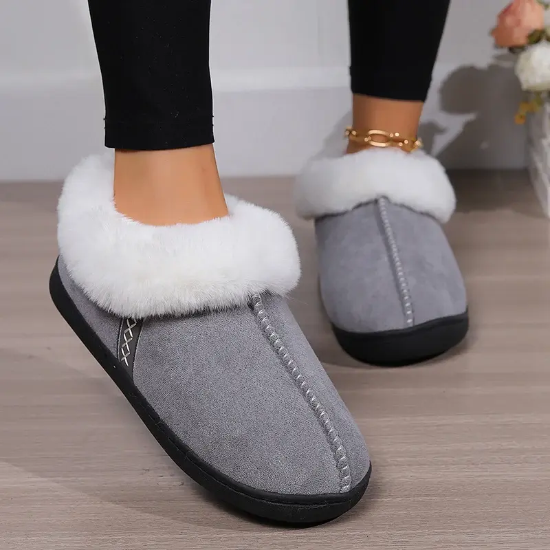 2024 Winter Warm Women's Indoor Home Cotton Shoes Faux Suede Closed Toe House Slippers Woman Non-Slip Flat Heels Couple Slippers