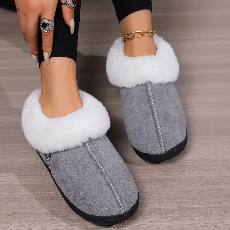 2024 Winter Warm Women's Indoor Home Cotton Shoes Faux Suede Closed Toe House Slippers Woman Non-Slip Flat Heels Couple Slippers