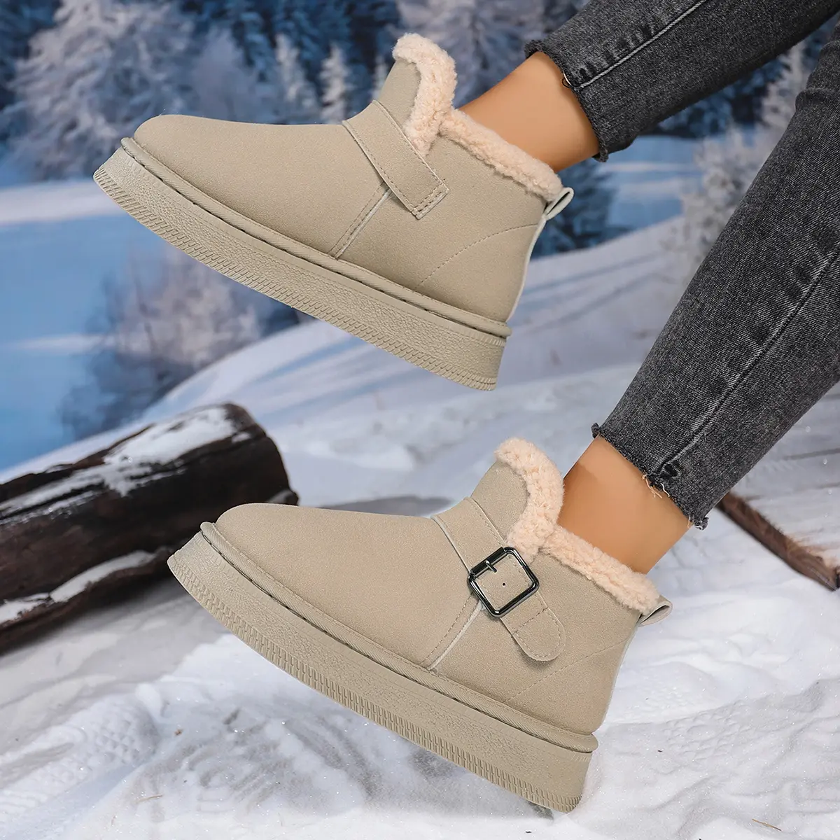 Buckle Decor Chunky Platform Snow Boots for Women 2025 Winter Non Slip Thick Sole Ankle Boots Thicken Plush Cotton Botas Mujer