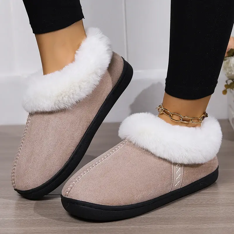 2024 Winter Warm Women's Indoor Home Cotton Shoes Faux Suede Closed Toe House Slippers Woman Non-Slip Flat Heels Couple Slippers