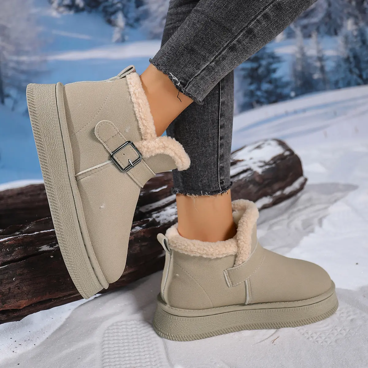 Buckle Decor Chunky Platform Snow Boots for Women 2025 Winter Non Slip Thick Sole Ankle Boots Thicken Plush Cotton Botas Mujer