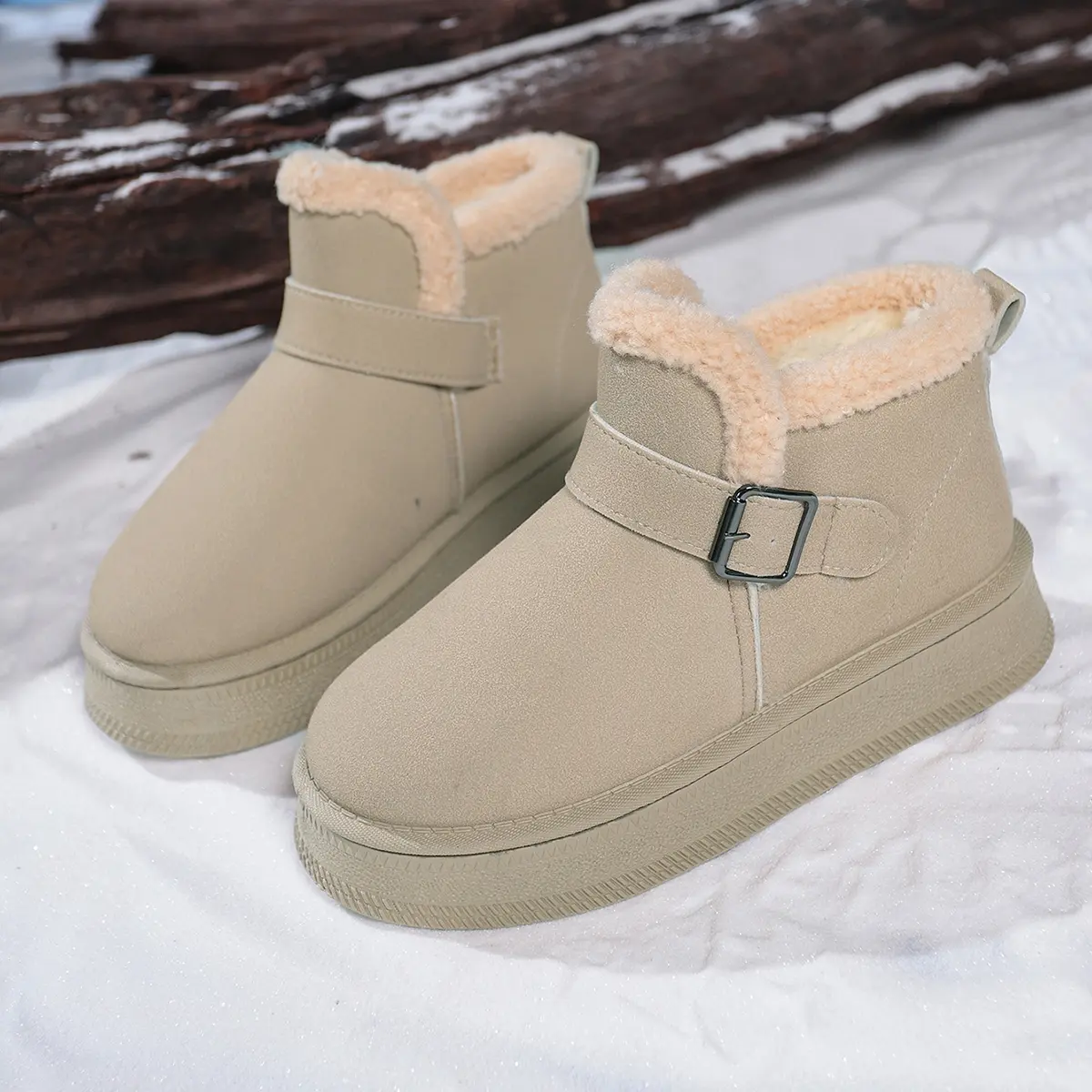 Buckle Decor Chunky Platform Snow Boots for Women 2025 Winter Non Slip Thick Sole Ankle Boots Thicken Plush Cotton Botas Mujer