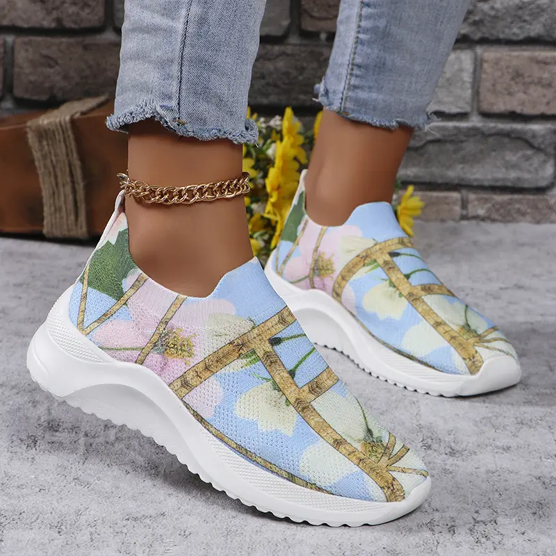 Flower Print Breathable Knitted Sneakers Women 2024 Autumn Non Slip Flat Heels Casual Shoes Woman Lightweight Slip On Lofers