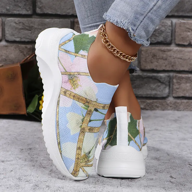 Flower Print Breathable Knitted Sneakers Women 2024 Autumn Non Slip Flat Heels Casual Shoes Woman Lightweight Slip On Lofers