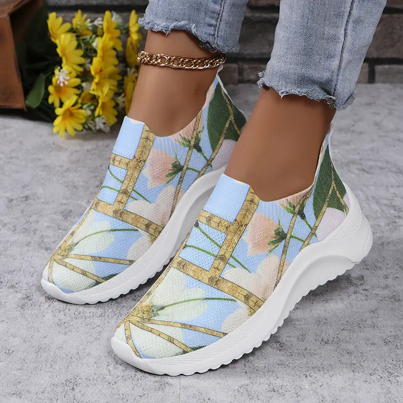 Flower Print Breathable Knitted Sneakers Women 2024 Autumn Non Slip Flat Heels Casual Shoes Woman Lightweight Slip On Lofers