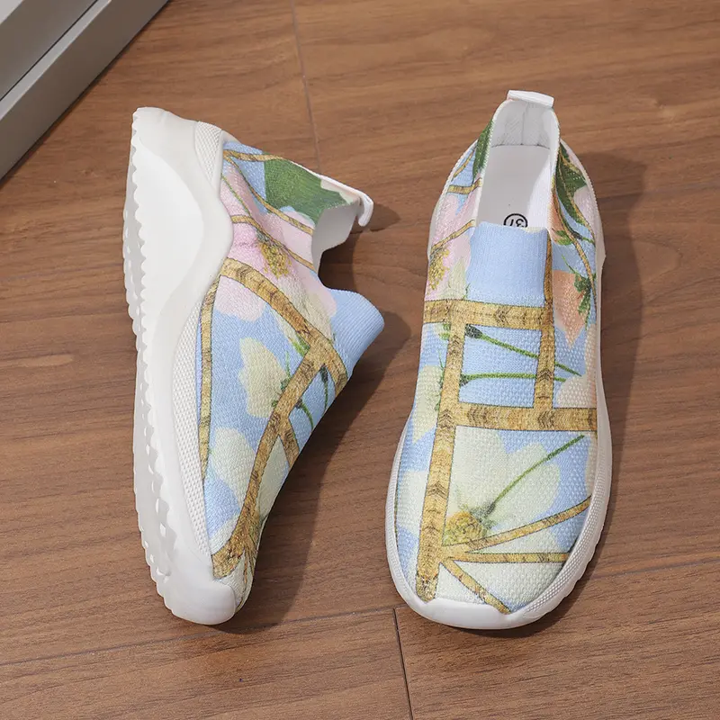 Flower Print Breathable Knitted Sneakers Women 2024 Autumn Non Slip Flat Heels Casual Shoes Woman Lightweight Slip On Lofers