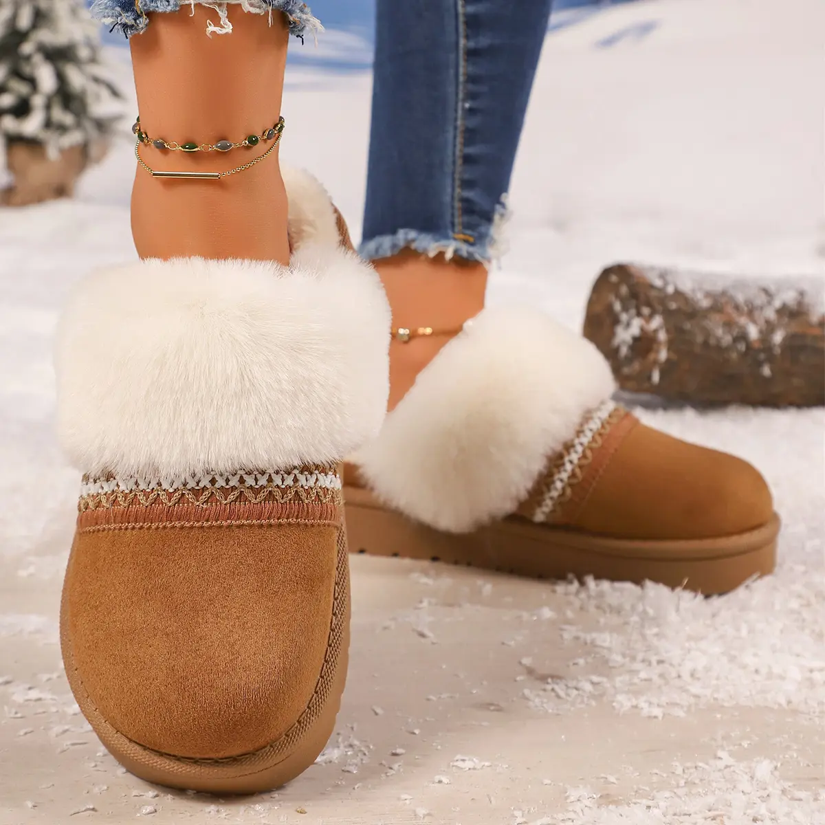Bohemian Style Thick Bottom Cotton Shoes Women 2025 Winter Closed Toe Faux Fur Slippers Woman Slip On Outdoor Platform Shoes