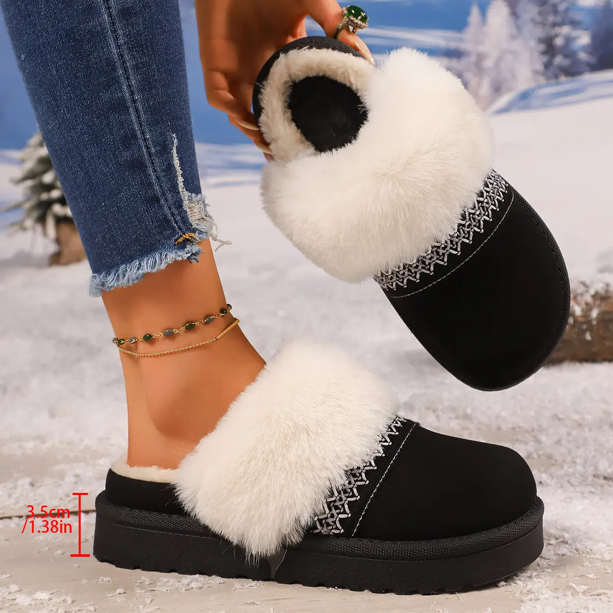 Bohemian Style Thick Bottom Cotton Shoes Women 2025 Winter Closed Toe Faux Fur Slippers Woman Slip On Outdoor Platform Shoes