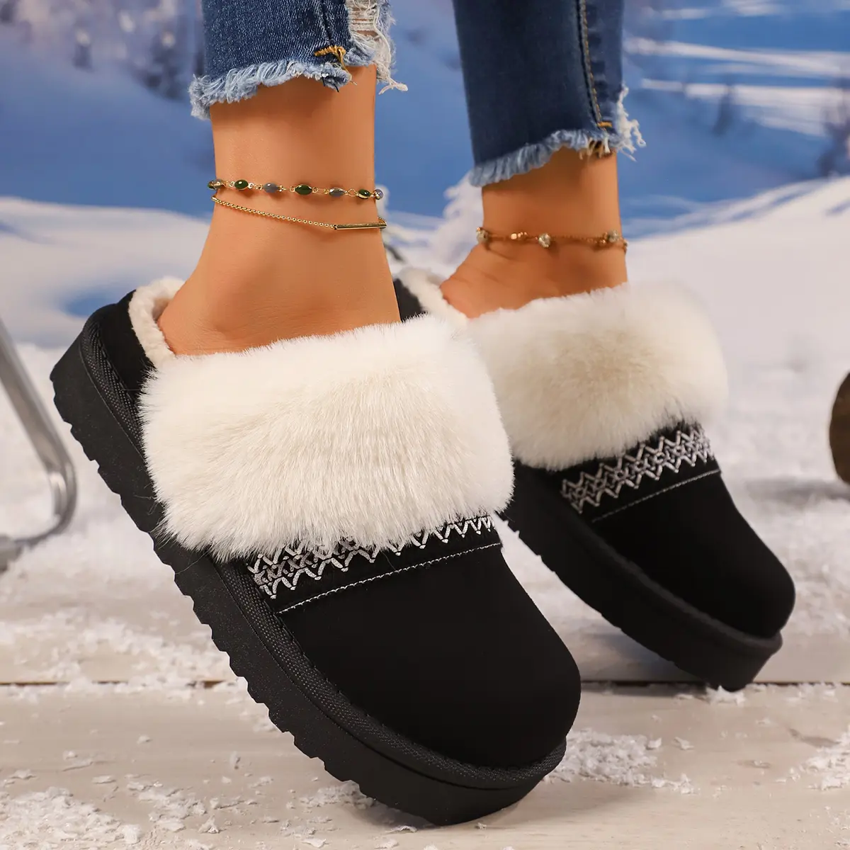 Bohemian Style Thick Bottom Cotton Shoes Women 2025 Winter Closed Toe Faux Fur Slippers Woman Slip On Outdoor Platform Shoes