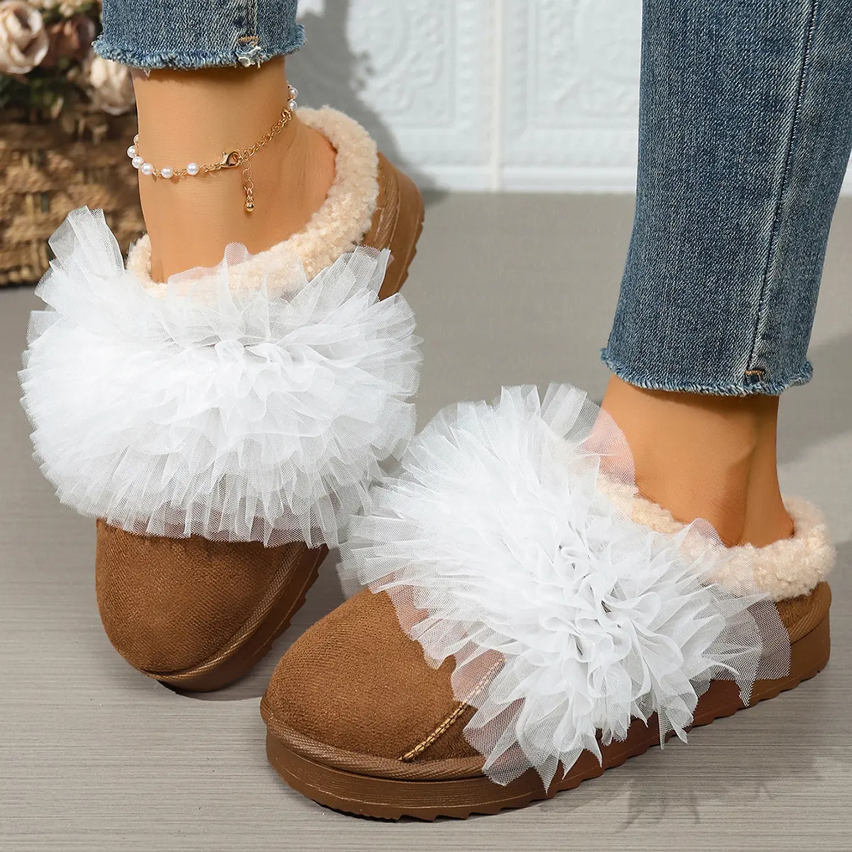 Women's Silk Decor Thick Bottom Cotton Slippers 2025 Winter Faux Suede Plush Slippers Woman Anti Slip Outdoor Platform Shoes