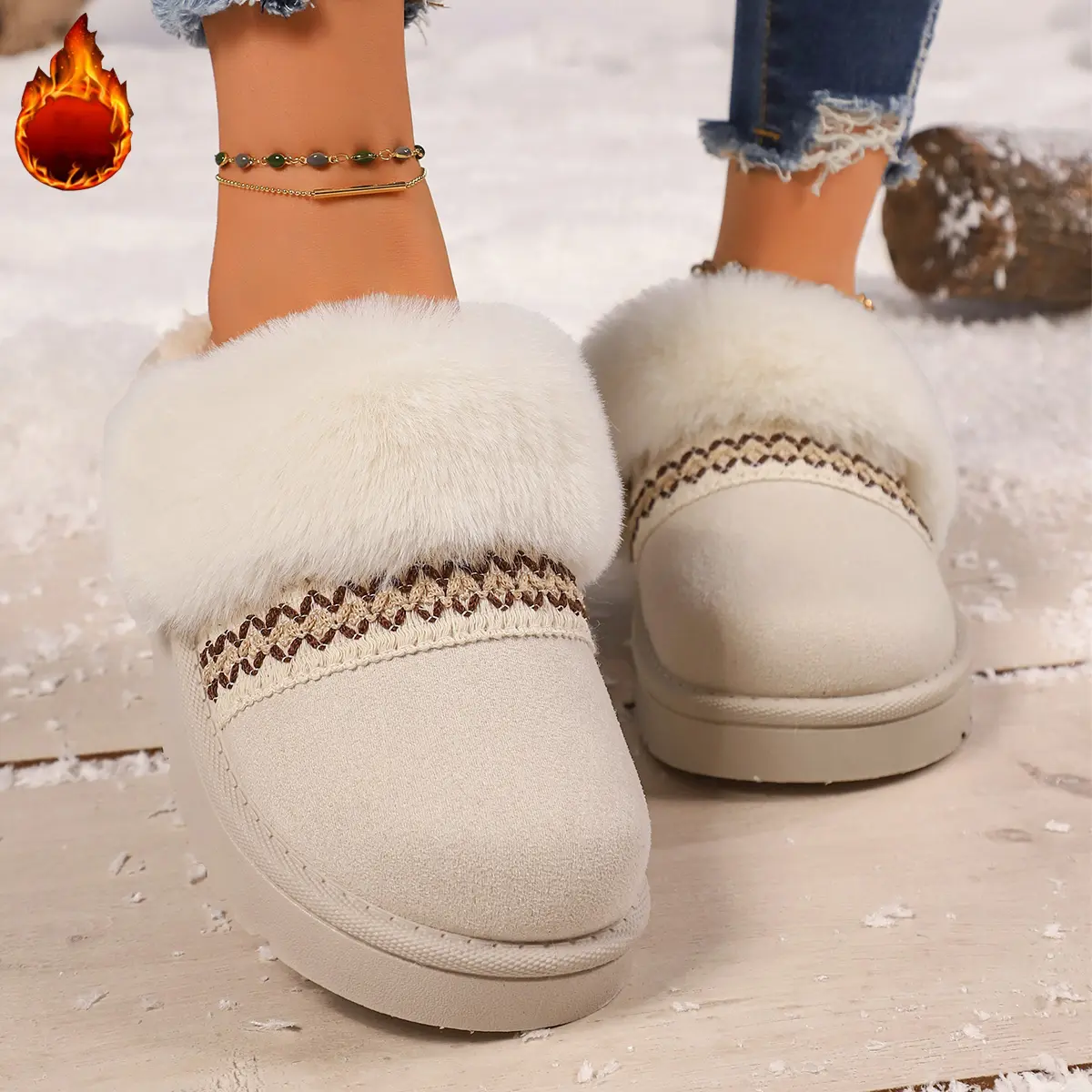 Bohemian Style Thick Bottom Cotton Shoes Women 2025 Winter Closed Toe Faux Fur Slippers Woman Slip On Outdoor Platform Shoes