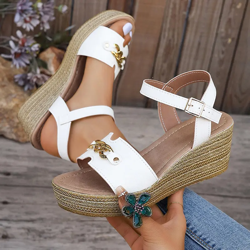Golded Chain Decor Wedge Heels Sandals Women Ankle Buckle Strap Chunky Platform Sandals Woman Thick Bottom Comfort Summer Shoes