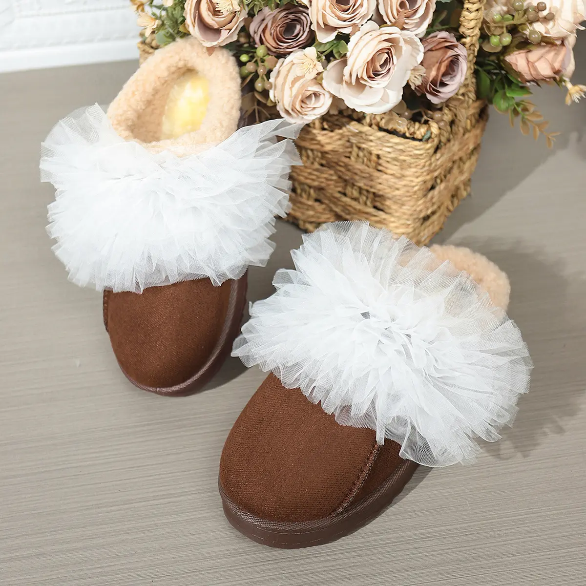 Women's Silk Decor Thick Bottom Cotton Slippers 2025 Winter Faux Suede Plush Slippers Woman Anti Slip Outdoor Platform Shoes