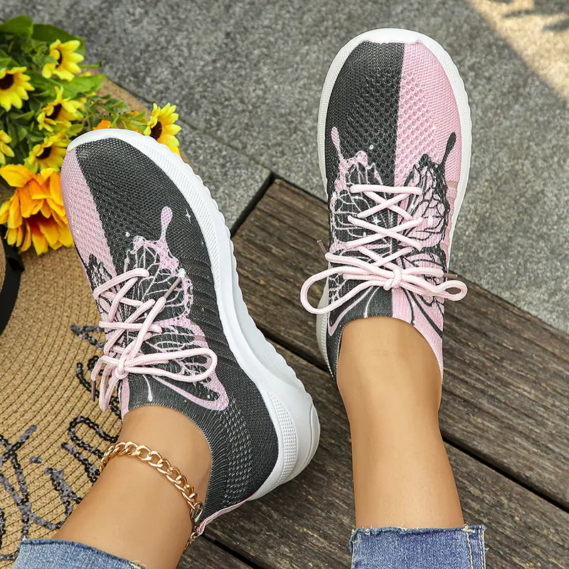 Butterfly Printed Knitted Sneakers Women Lightweight Anti-Slip Breathable Casual Shoes Woman 2024 Fashion Lace Up Tennis Shoes