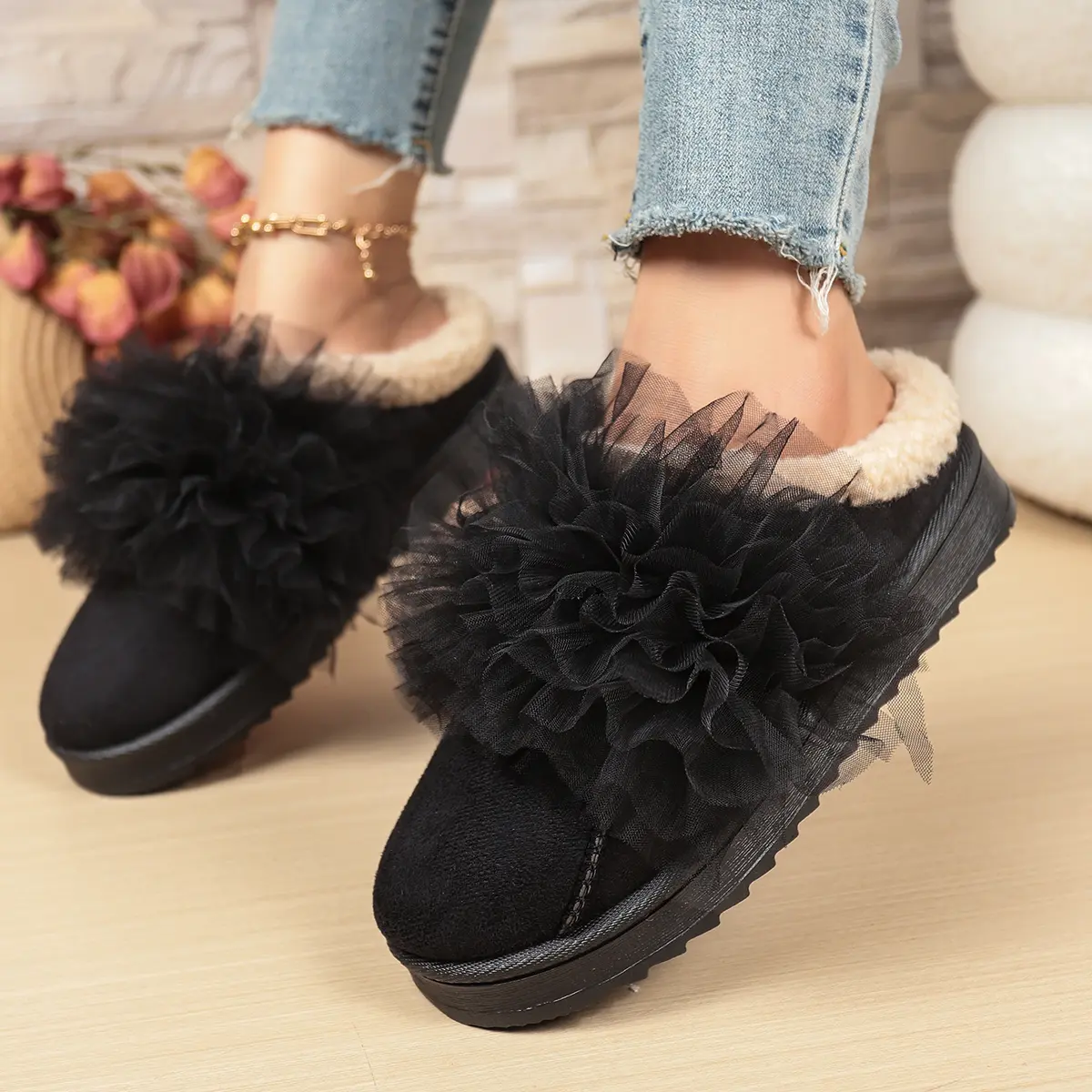 Women's Silk Decor Thick Bottom Cotton Slippers 2025 Winter Faux Suede Plush Slippers Woman Anti Slip Outdoor Platform Shoes