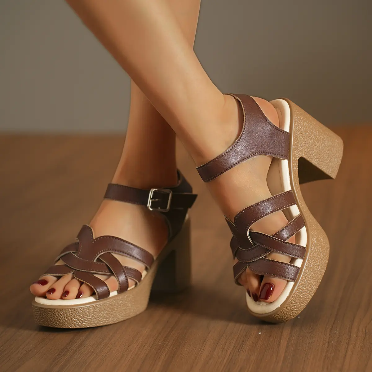 Brand Designer High Heels Sandals Women 2025 Summer Ankle Buckle Chunky Platform Sandals Woman Plus Size 43 Thick Heeled Shoes