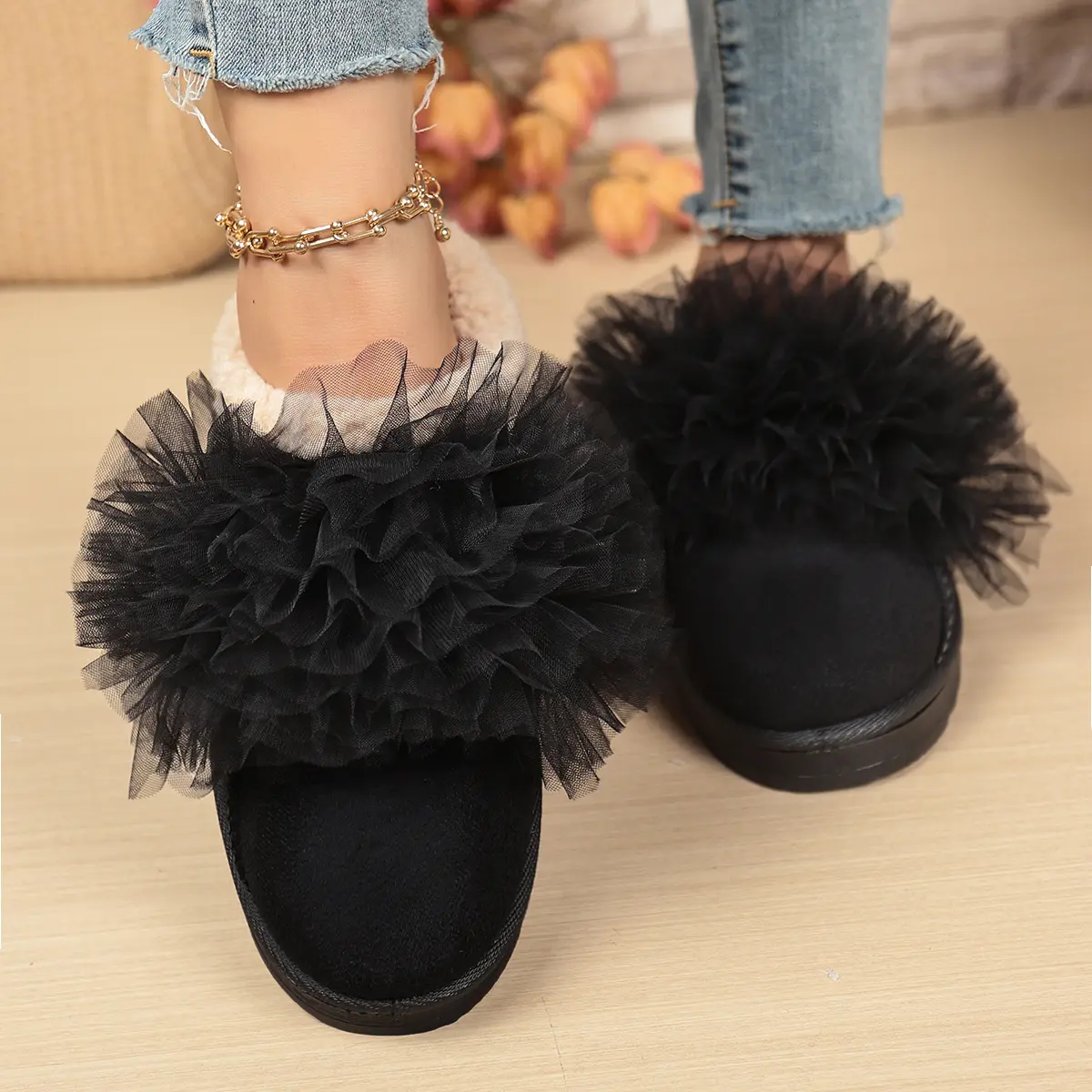 Women's Silk Decor Thick Bottom Cotton Slippers 2025 Winter Faux Suede Plush Slippers Woman Anti Slip Outdoor Platform Shoes