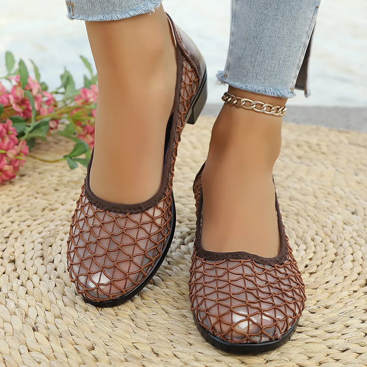 Women's Summer Breathable High Heels Pumps Fashion Grid Pattern Round Toe Casual Shoes Woman Comfort Light Ladies Office Shoes