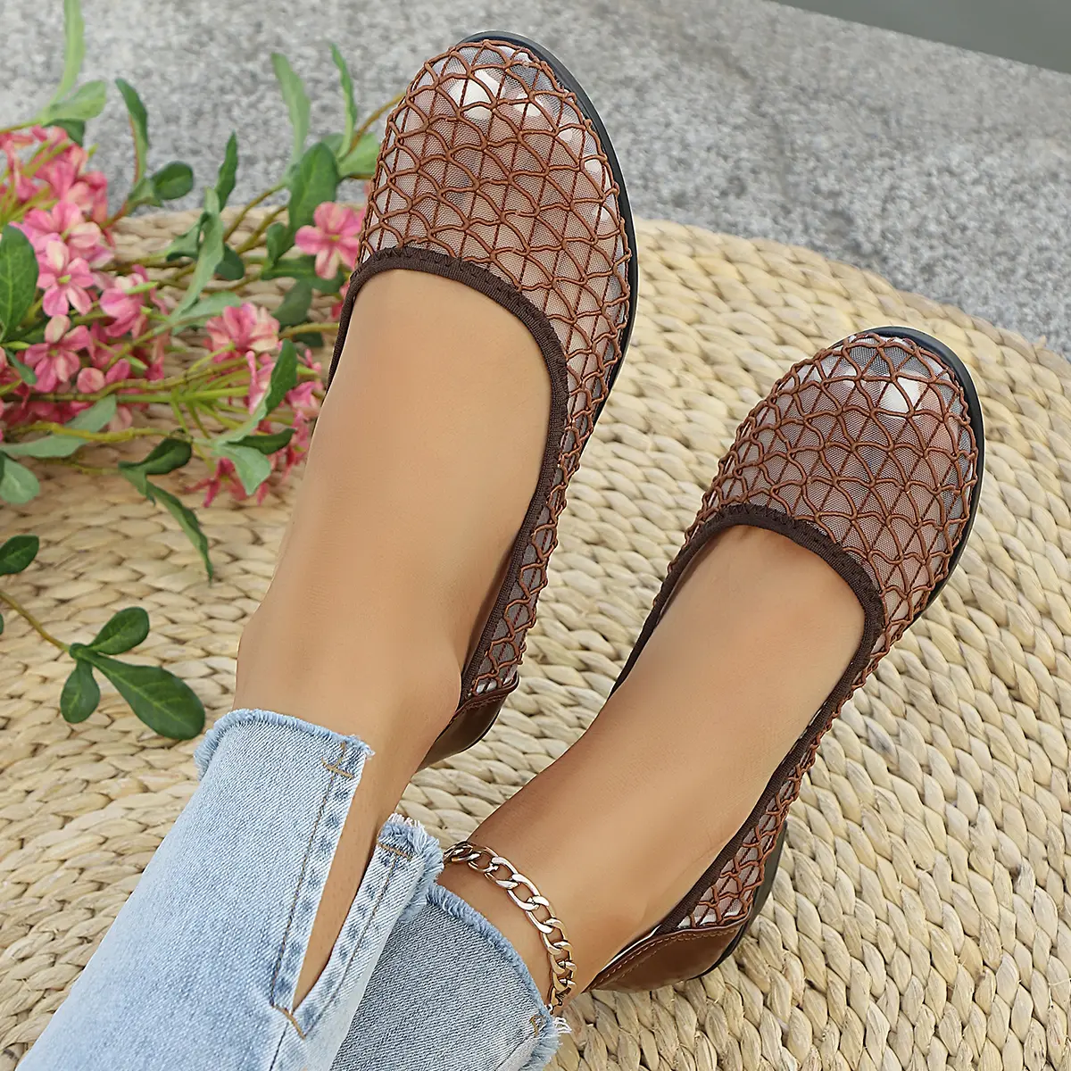 Women's Summer Breathable High Heels Pumps Fashion Grid Pattern Round Toe Casual Shoes Woman Comfort Light Ladies Office Shoes