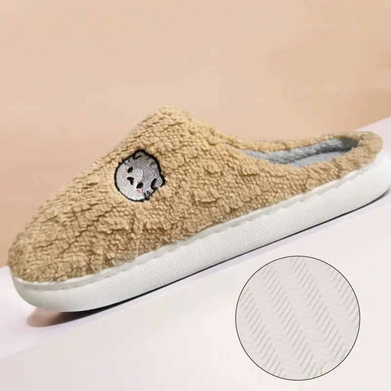 Women's Cute Cartoon Cat Cotton Slippers 2025 Winter Fuzzy Flat Heels Home Slippers Woman Comfort Soft Sole Indoor House Shoes