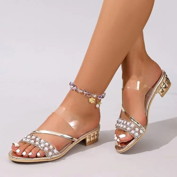 Luxury Crystal Pearl Gold Low Heels Sandals Women 2025 Summer Thick Heeled Sandals Woman Plus Size 42 Slip On Casual Footwear
