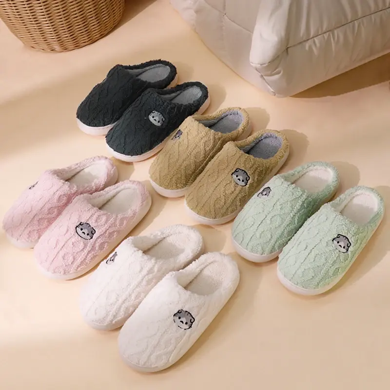 Women's Cute Cartoon Cat Cotton Slippers 2025 Winter Fuzzy Flat Heels Home Slippers Woman Comfort Soft Sole Indoor House Shoes