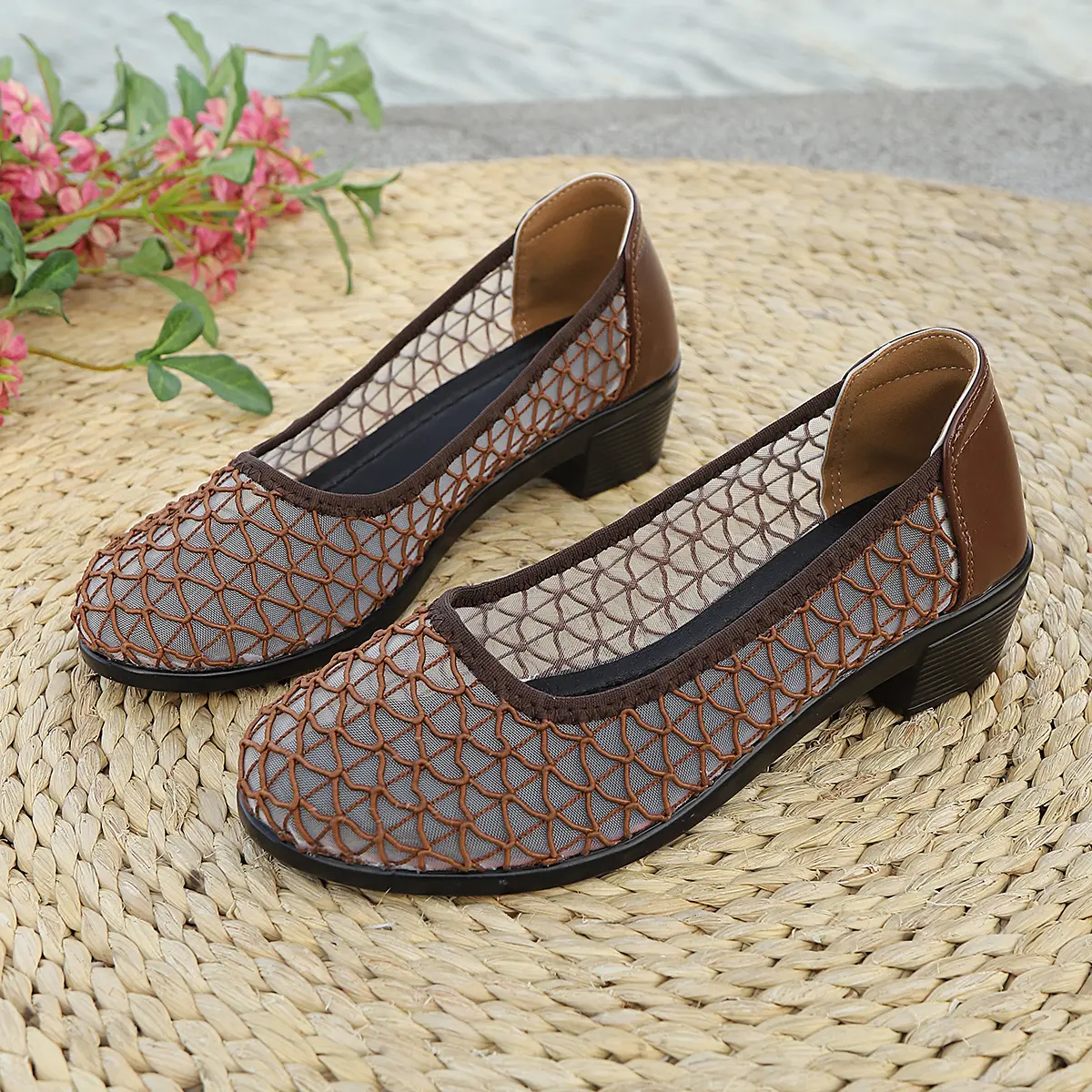 Women's Summer Breathable High Heels Pumps Fashion Grid Pattern Round Toe Casual Shoes Woman Comfort Light Ladies Office Shoes