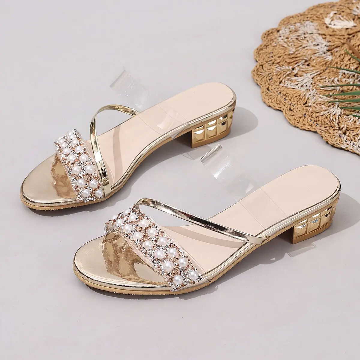 Luxury Crystal Pearl Gold Low Heels Sandals Women 2025 Summer Thick Heeled Sandals Woman Plus Size 42 Slip On Casual Footwear