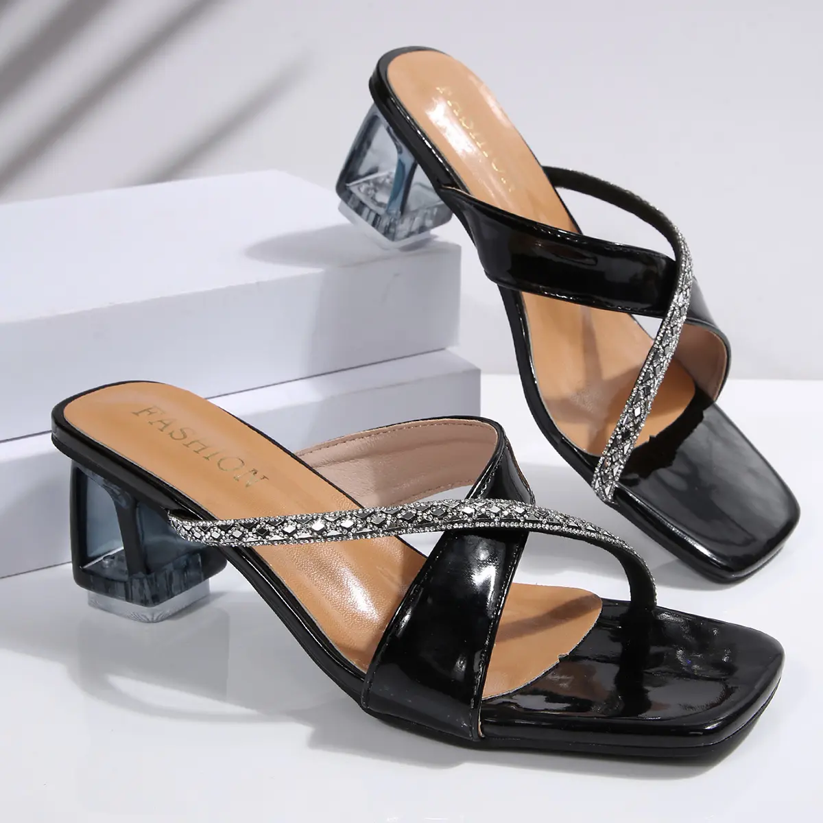 Silver High Heels Sandals Women 2025 Summer Cross Straps Thick Heeled Slippers Woman Plus Size 43 Square Toe Outdoor Slippers