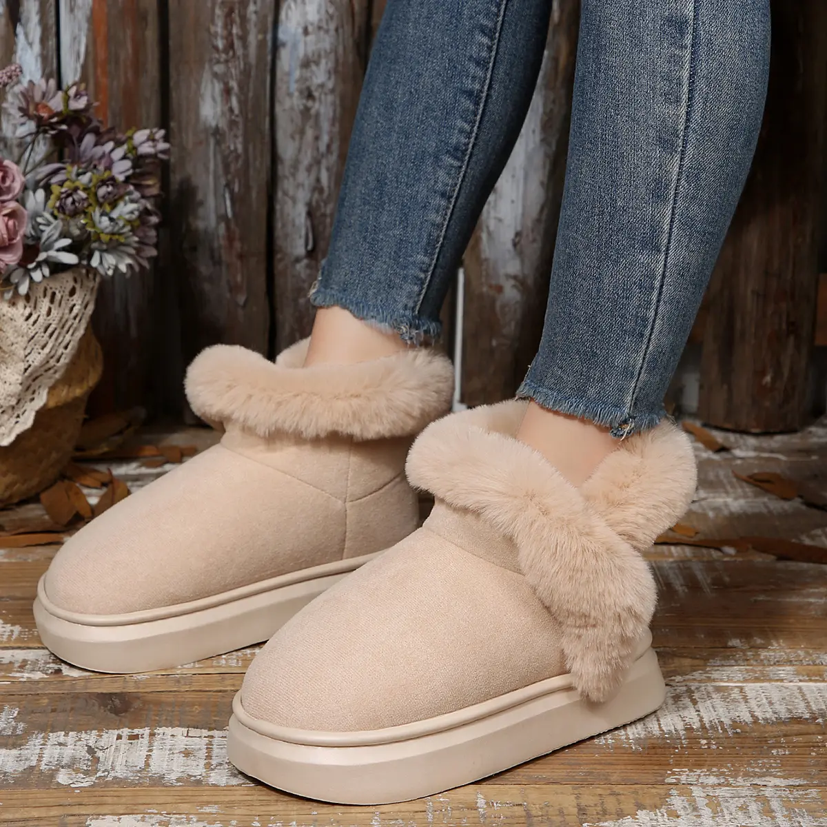 Faux Fur Chunky Platform Ankle Boots Women 2025 Winter Slip On Warm Thicken Plush Snow Boots Woman Non Slip Cotton Botas Mujer
