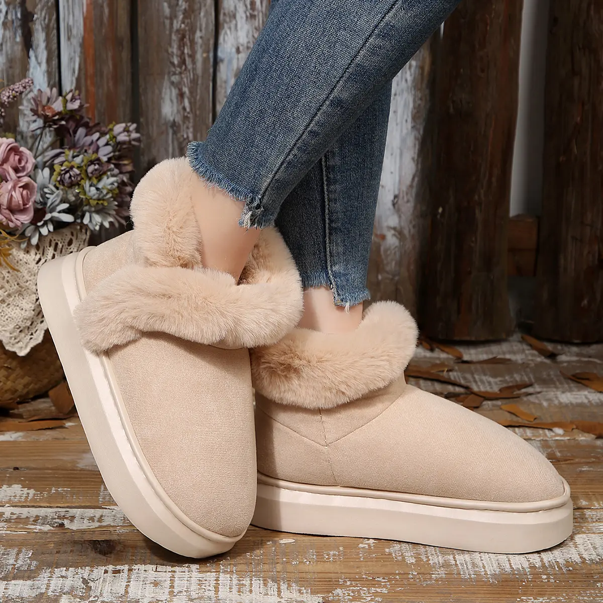 Faux Fur Chunky Platform Ankle Boots Women 2025 Winter Slip On Warm Thicken Plush Snow Boots Woman Non Slip Cotton Botas Mujer