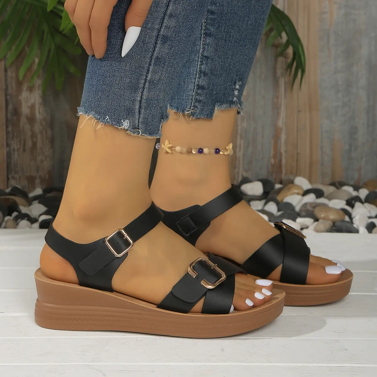 Women's Thick Bottom Wedge Sandals 2025 Summer Ankle Buckle Platform Sandals Woman Plus Size 43 Lightweight Non Slip Beach Shoes