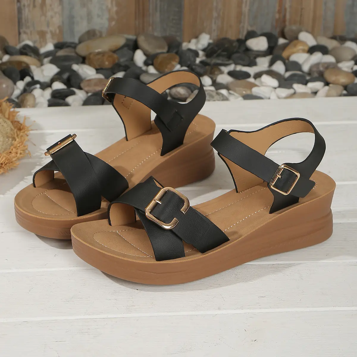 Women's Thick Bottom Wedge Sandals 2025 Summer Ankle Buckle Platform Sandals Woman Plus Size 43 Lightweight Non Slip Beach Shoes