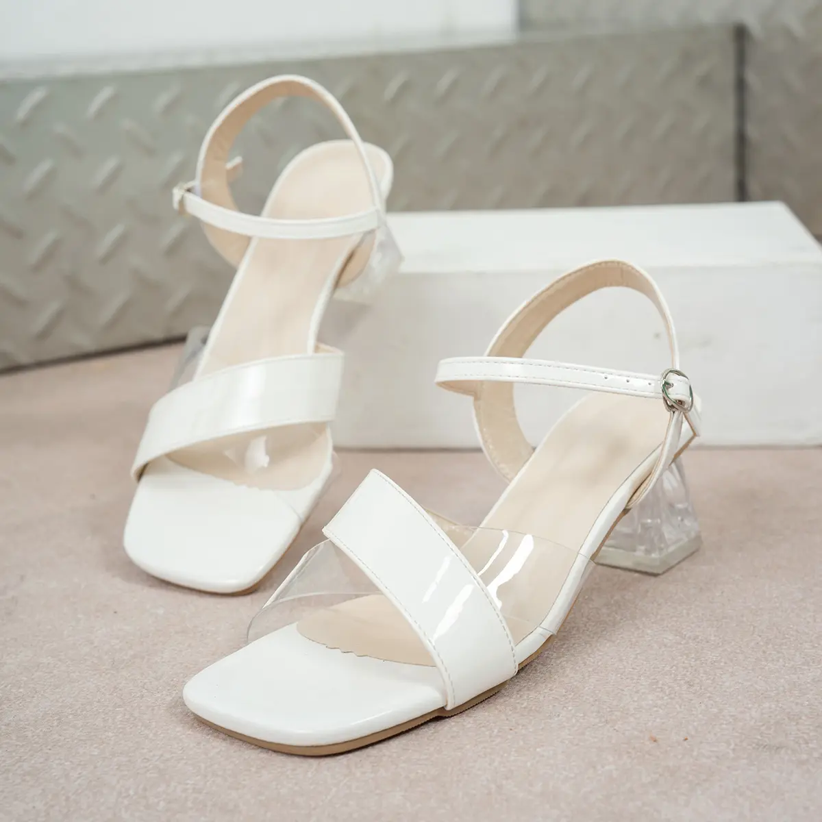 Transparent Pvc High Heels Sandals Women 2025 Summer Ankle Straps Thick Heeled Sandals Woman White Square Toe Party Pumps Ladies