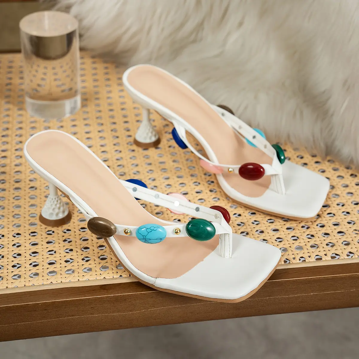 Chic Gem Studded High Heels Sandals Women 2025 Summer Clip Toe Outdoor Slippers Woman Thin Heeled White Party Shoes Flop Flops