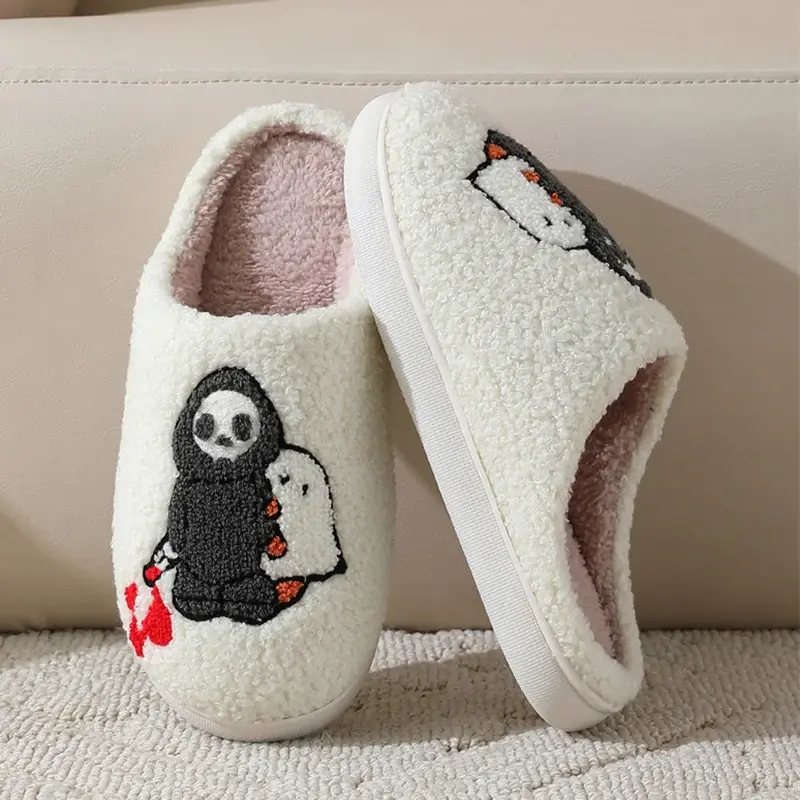 Cute Halloween Style Embroidery Slippers Women 2025 Winter Flat Heels Indoor Home Slippers Woman Comfort Non Slip Bedroom Shoes