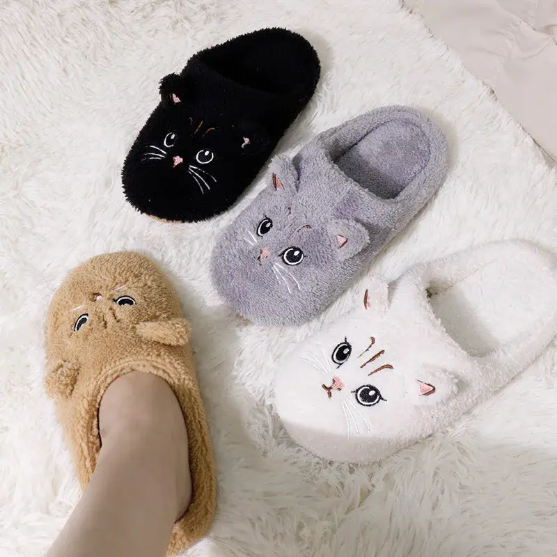 Cute Cartoon Cat Home Slippers Women 2025 Winter Flat Heels Fuzzy Fur Slippers Woman Non Slip Flat Heels Indoor Floor Shoes