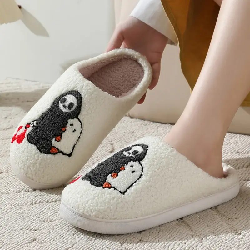 Cute Halloween Style Embroidery Slippers Women 2025 Winter Flat Heels Indoor Home Slippers Woman Comfort Non Slip Bedroom Shoes