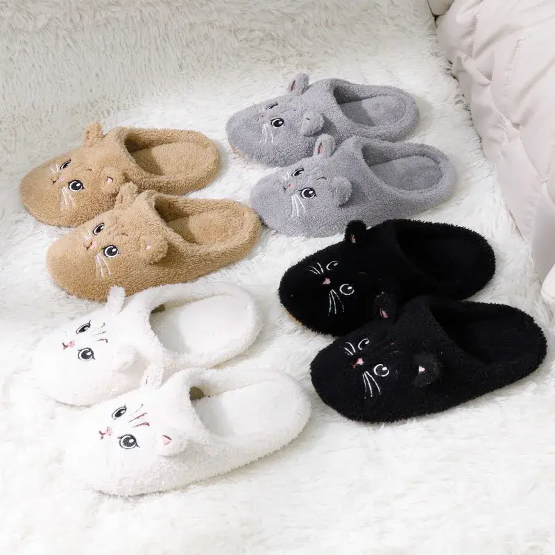 Cute Cartoon Cat Home Slippers Women 2025 Winter Flat Heels Fuzzy Fur Slippers Woman Non Slip Flat Heels Indoor Floor Shoes