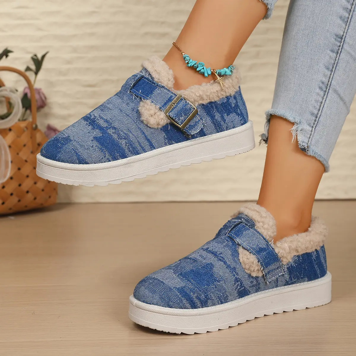 Denim Thick Bottom Snow Boots Women 2025 Winter Warm Thicken Plush Cotton Shoes Woman Non Slip Flat Heels Ankle Botas Mujer